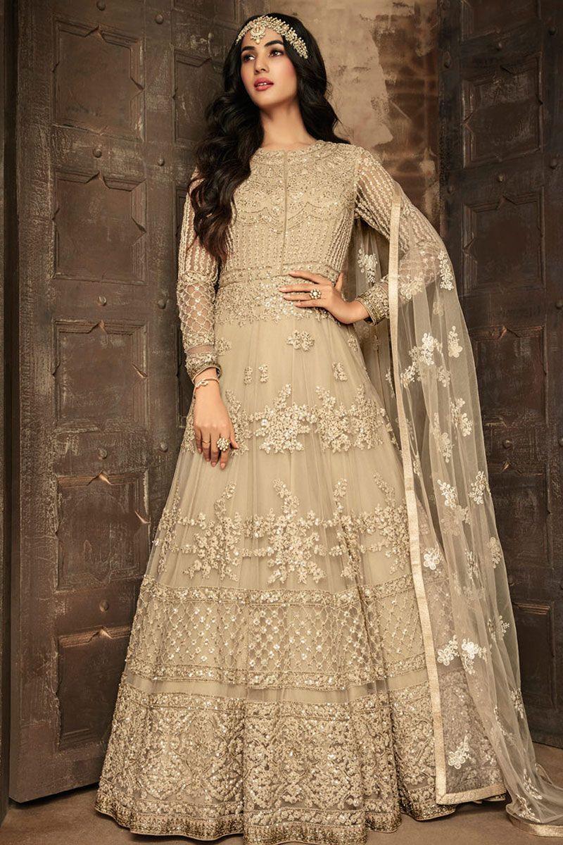 Fabulous Beige Color With Soft Net Base Gown