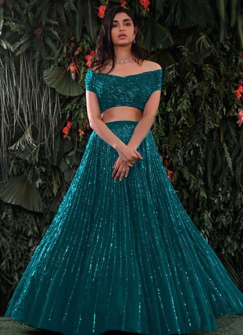 Buy Teal Green Embroidered Designer Crop Top Lehenga With Shrug