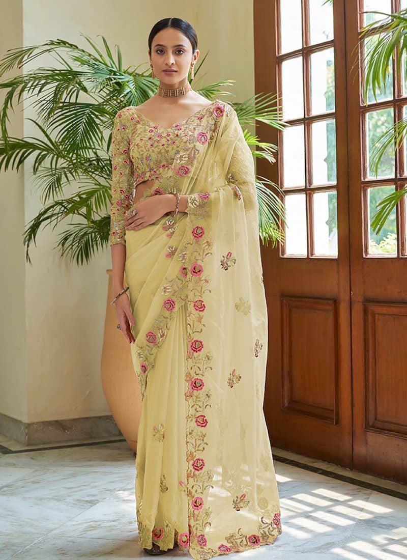 Buy Wonderful Sky Blue Color Festive Wear Rangoli Silk Fancy Embroidered  Work Lace Saree Blouse Design | Lehenga-Saree