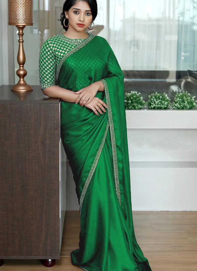 Buy Green Sequin Silk Embroidered Saree Online- Kreeva