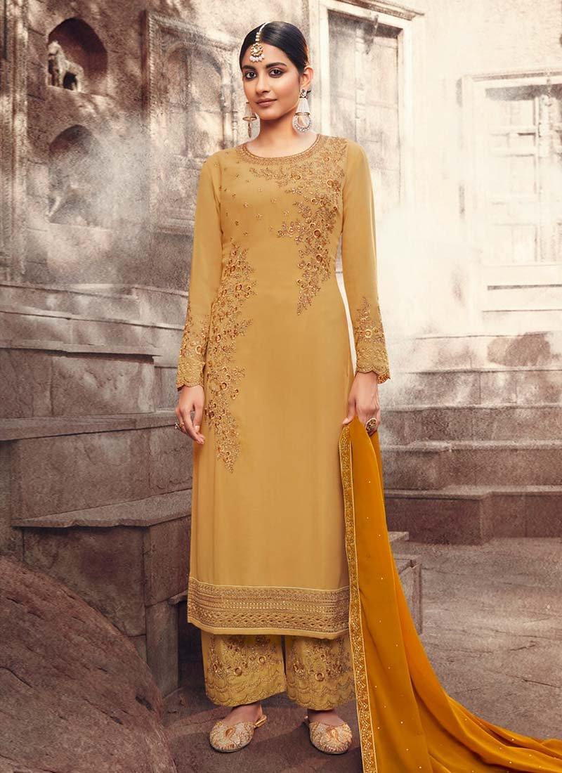 Yellow Color Georgette Base Zari Work Salwar Kameez With Contrast Dupa